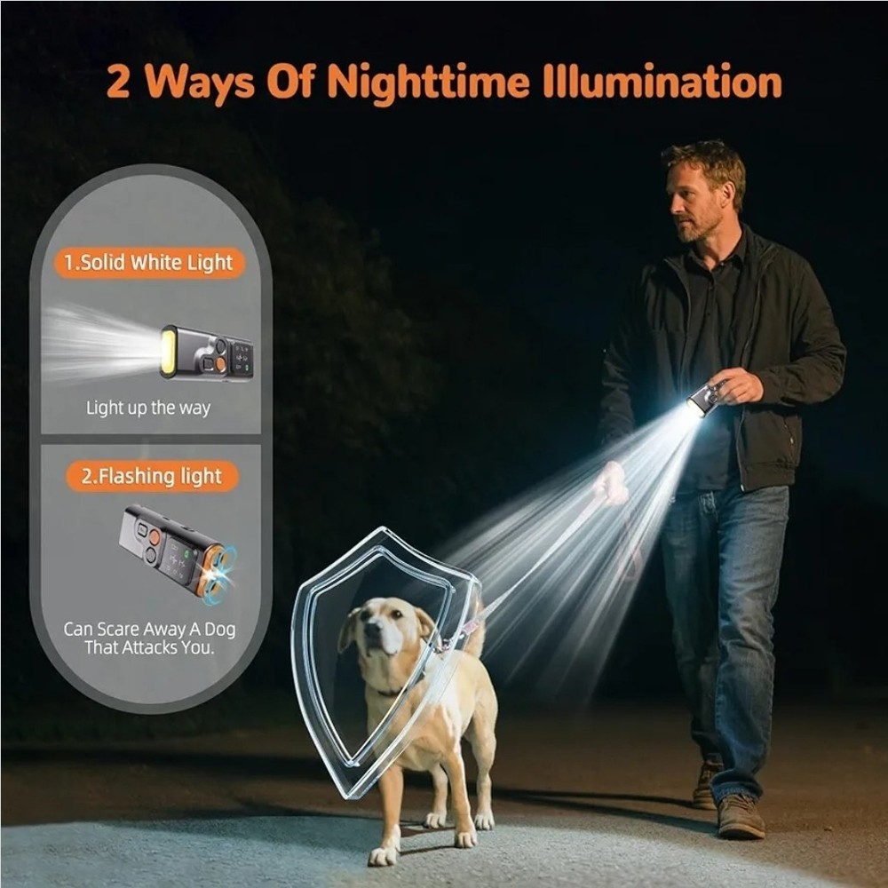 Ultrasonic Dog Bark Deterrent Device, 2 Modes, Flashlight, 30 Ft Range, New