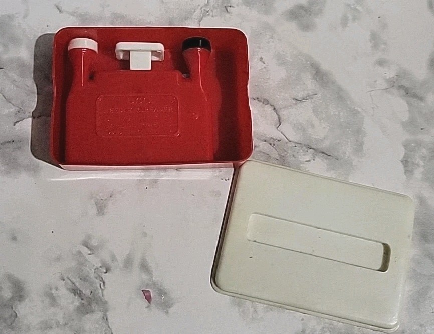 Vintage German Plastic Automatic Needle Threader Stand Case Miniature 2 Chimneys