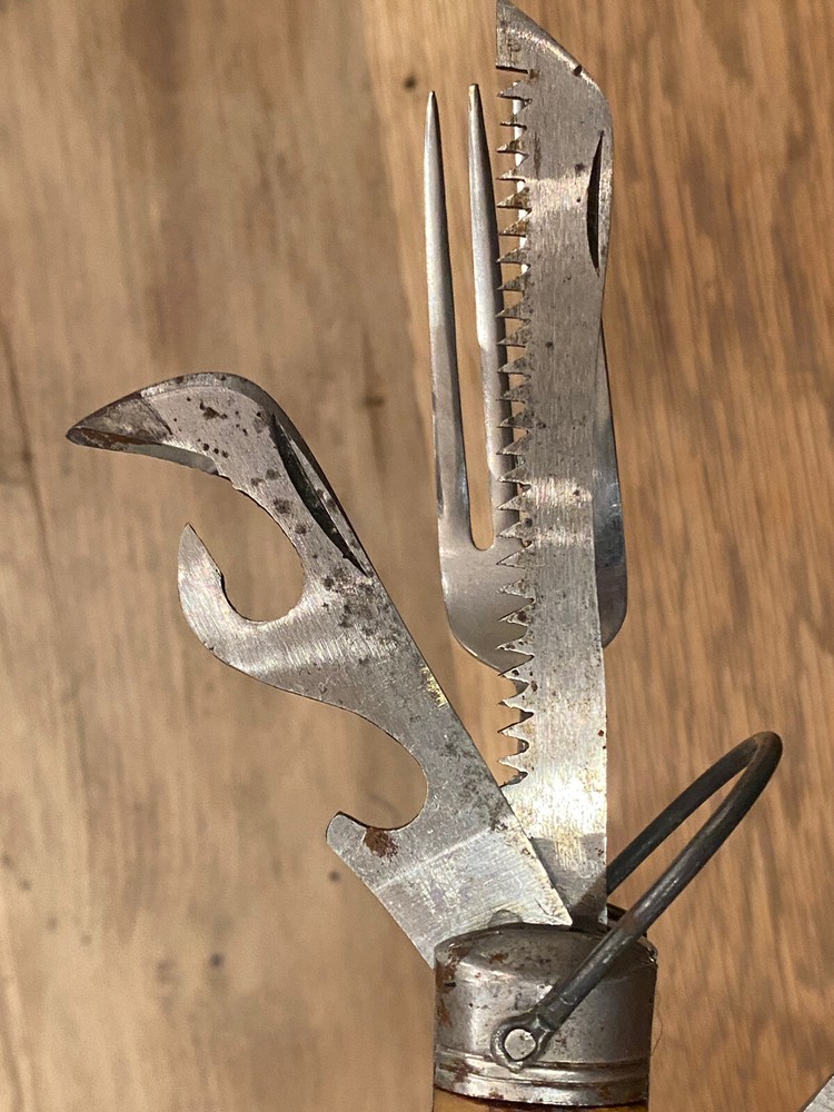 VINTAGE MULTI-BLADE SCOUT CAMP SURVIVAL TOOLS POCKET KNIFE WITH BONE HANDLE 12”