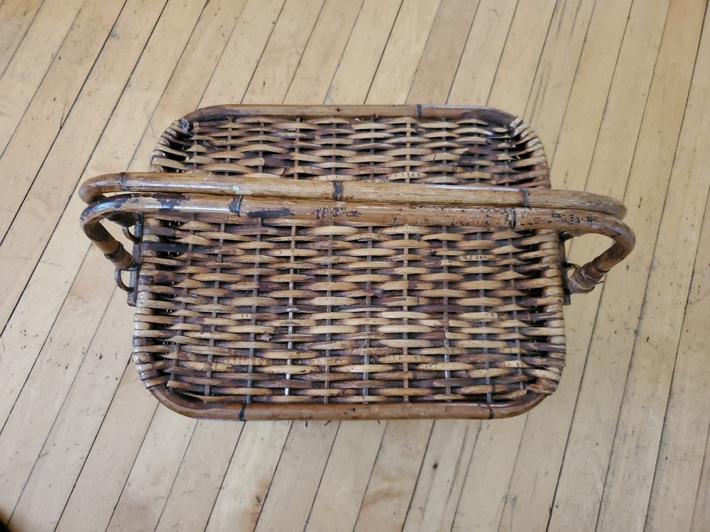 Vintage Large Basket with Insert Tray Multiple Compartments Handles Bamboo Weave