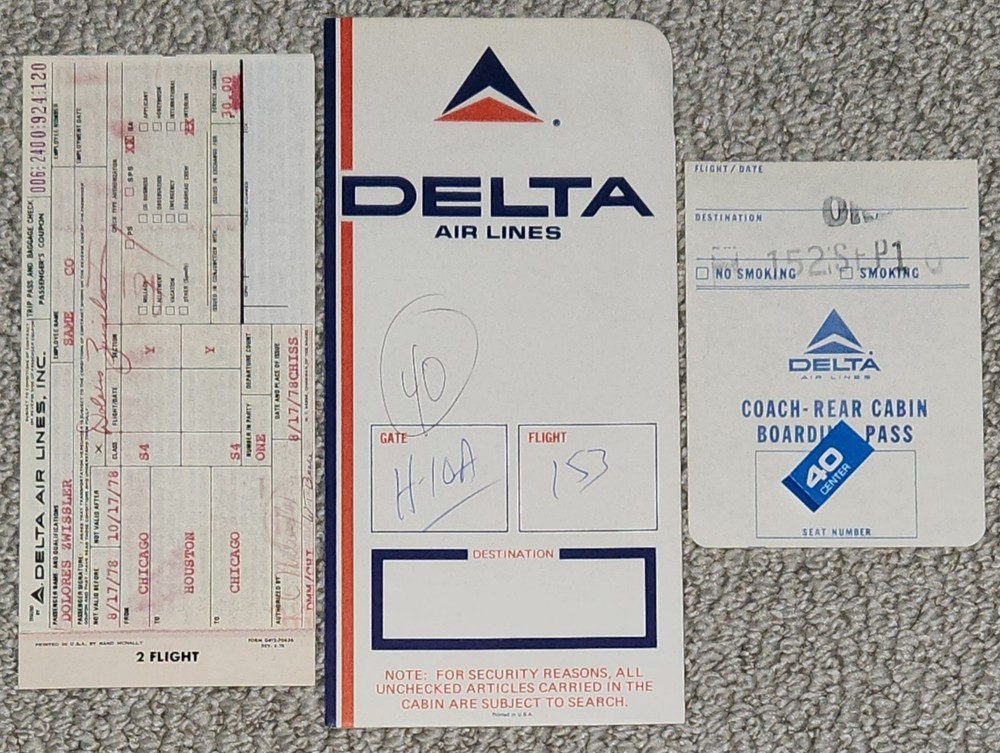 1978 Delta Airlines Coach Boarding Pass Ticket Stub, Ticket Jacket