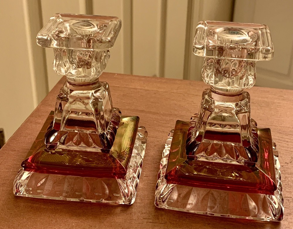 Set Of 2 Vintage Westmoreland Wedding Pattern Ruby Flash Crystal Candlesticks.