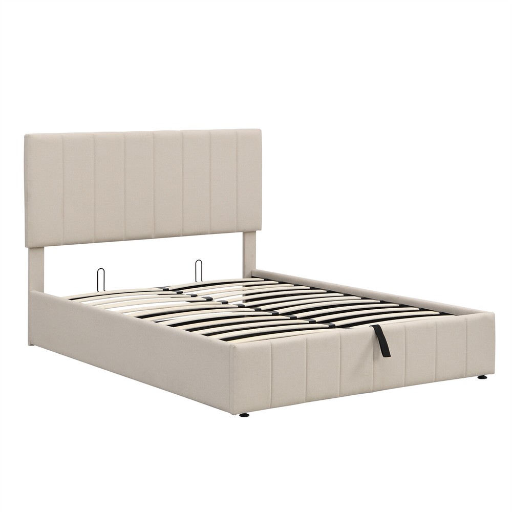 Full Size Upholstered Platform Bed Frame w/ Hydraulic Storage System Beige