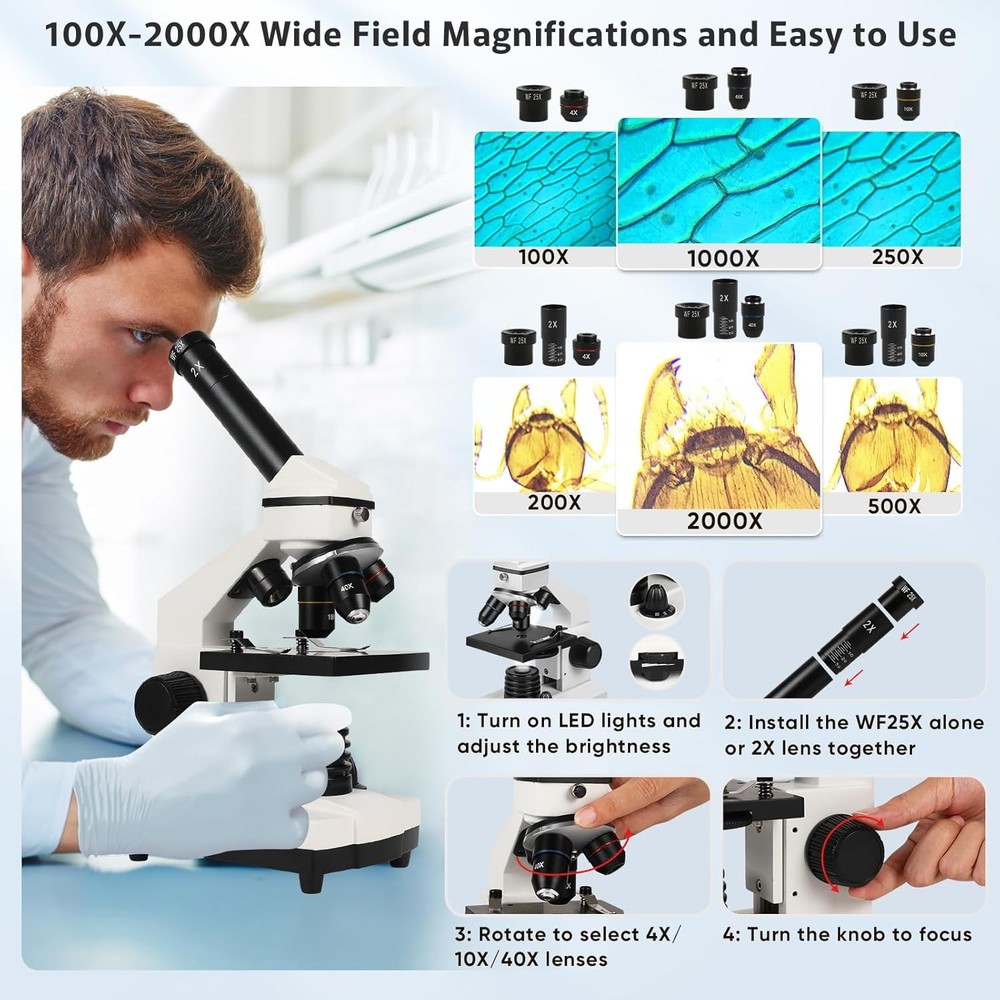 100X 2000X Compound Microscope for Kids with Slides
