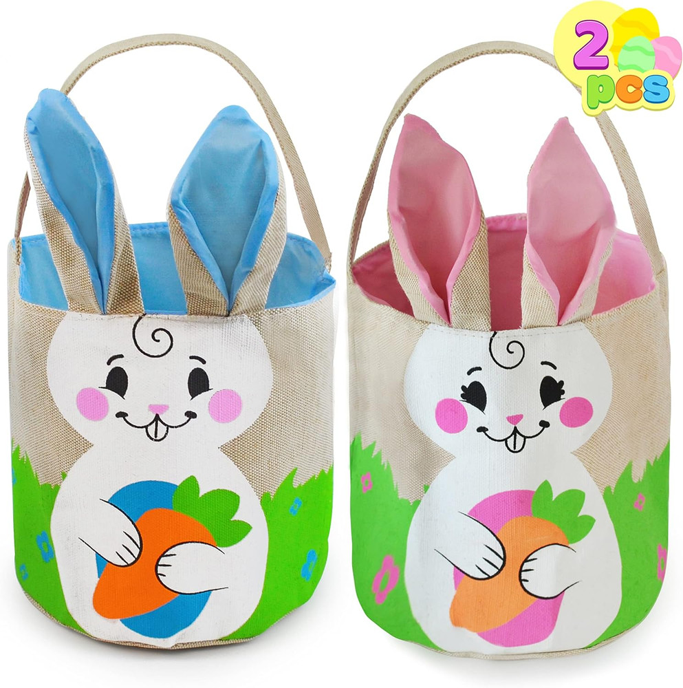 2 PCS Easter Bunny Burlap Basket Set Easter Eggs Hunt Basket Canvas Gift Tote Ba