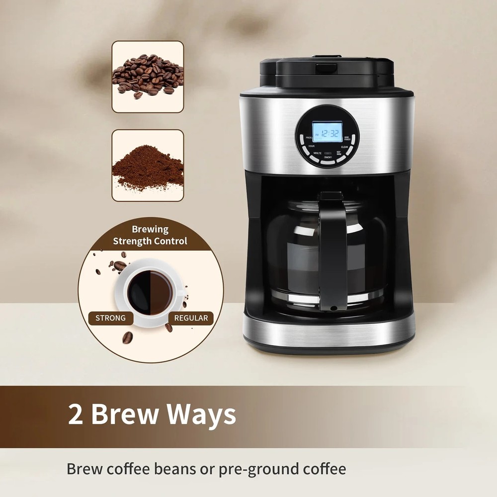 TEGLU Coffee Maker with Grinder 12 Cups,Programmable Grind & Brew Coffee Machine
