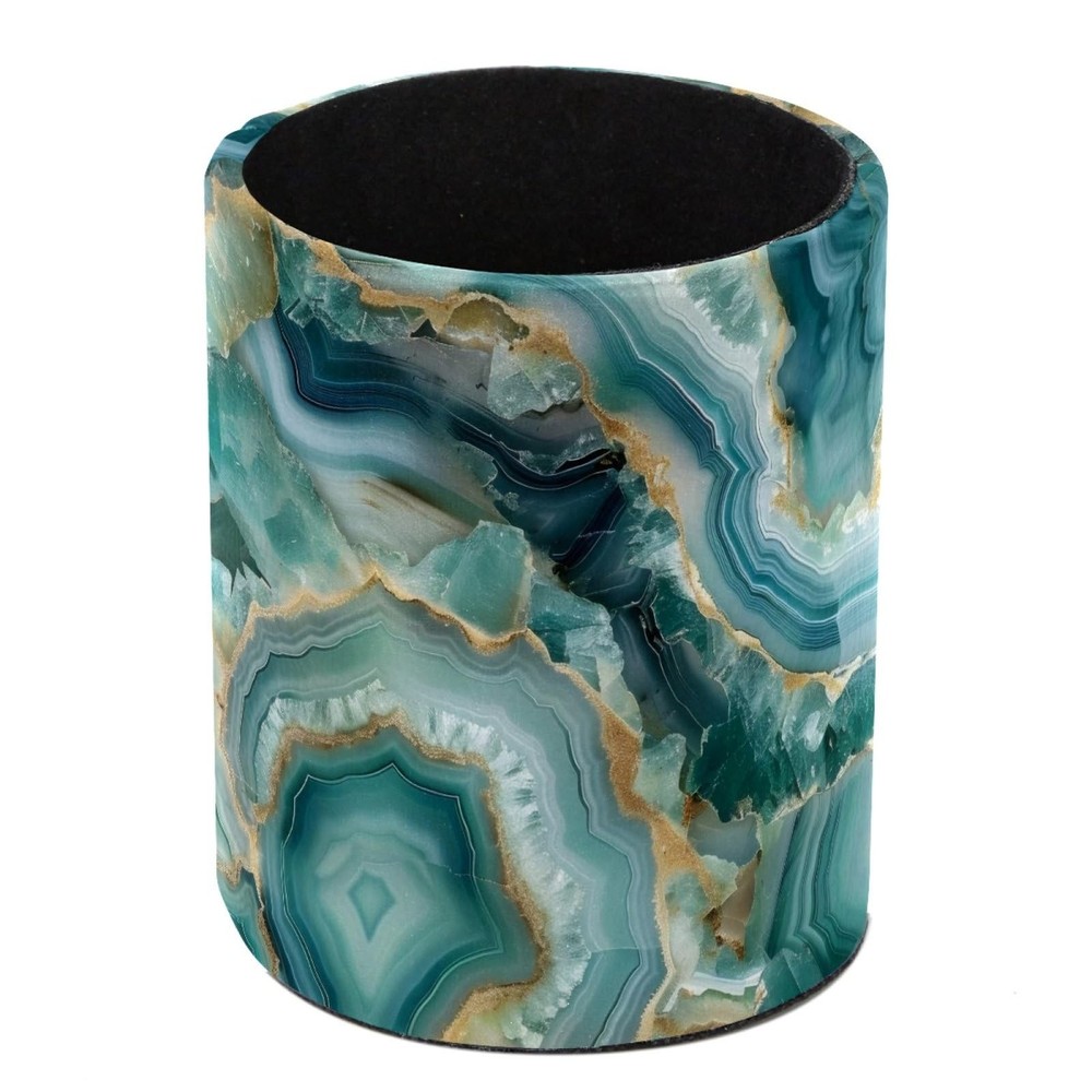 Leather Pen Holder for Desk, Teal Agate Pattern Pencil Organizer Makeup Brush...