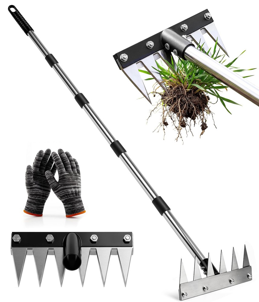 Weed Rake Tool Iron Weed Puller with 71" Adjustable Long Handle, 6 Teeth Gard...