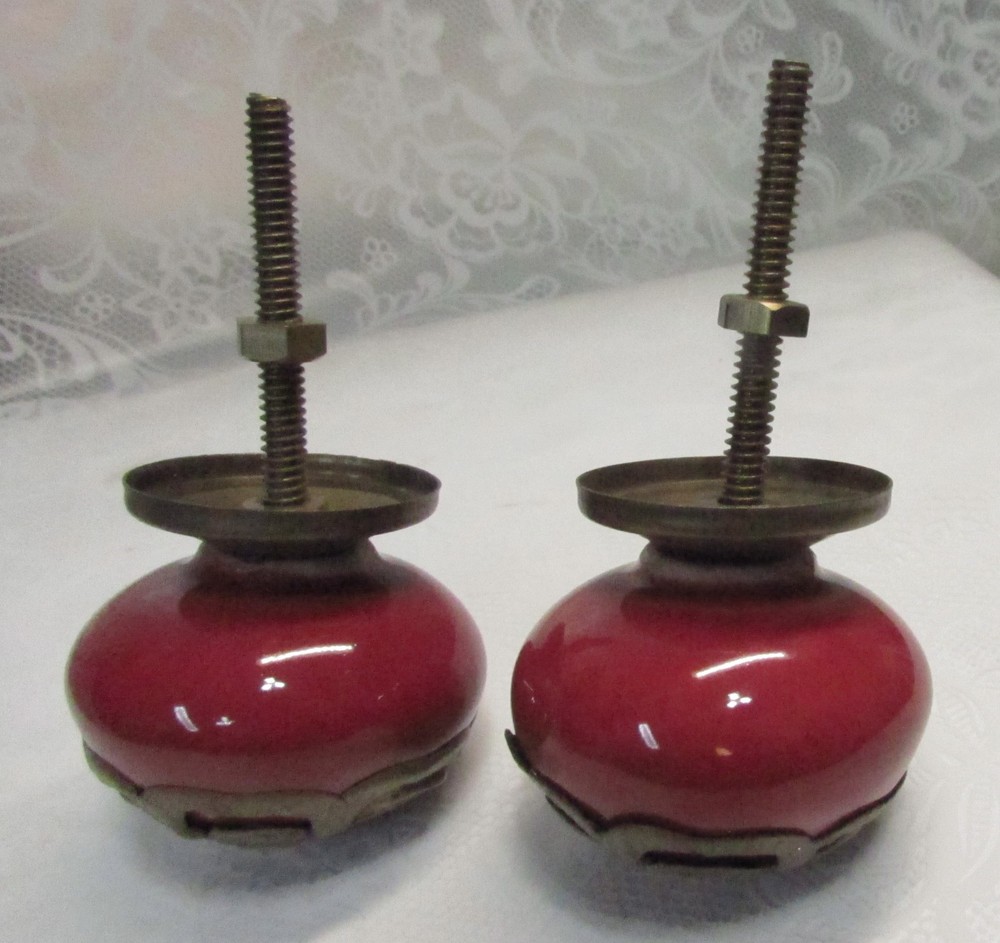Set of 2 Large RED Round CERAMIC KNOBS with Brass Flower Decorative Drawer Pulls