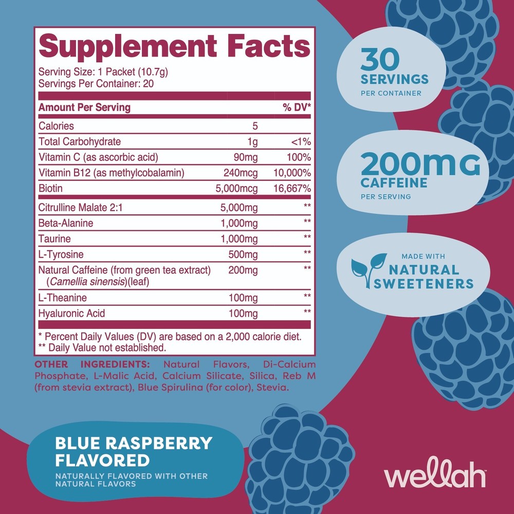 Wellah Get-Going Blue Raspberry Flavored Pre-Workout Stickpacks (20 servings)