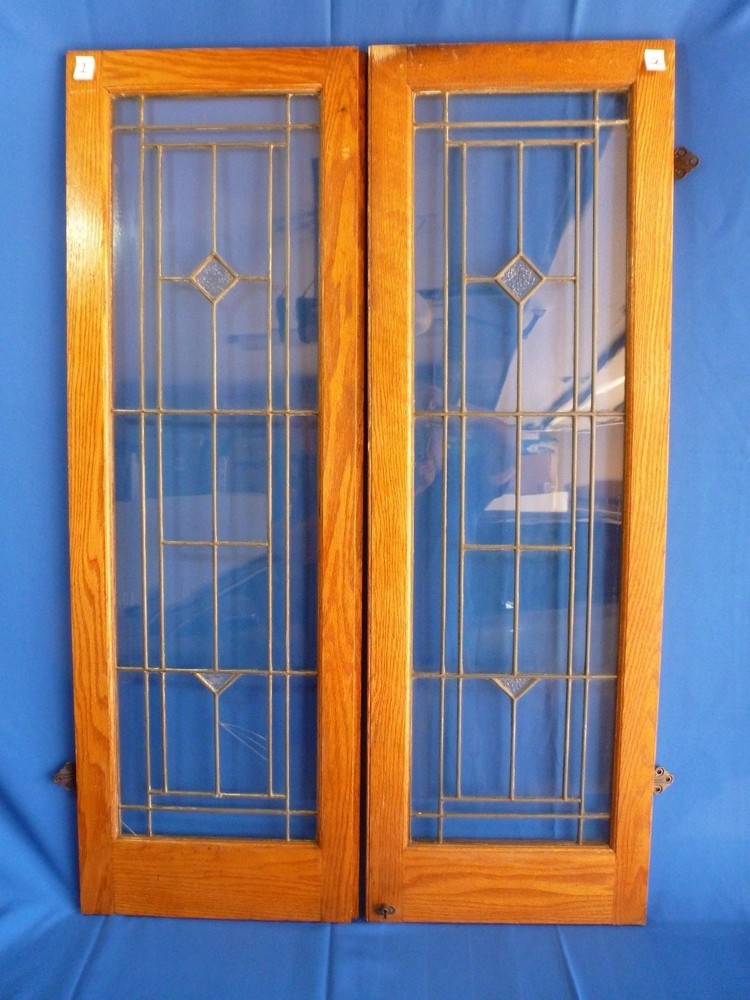 Four 100 yr Old Solid Oak Leaded-Glass Bookcase Doors - All Original - Antique
