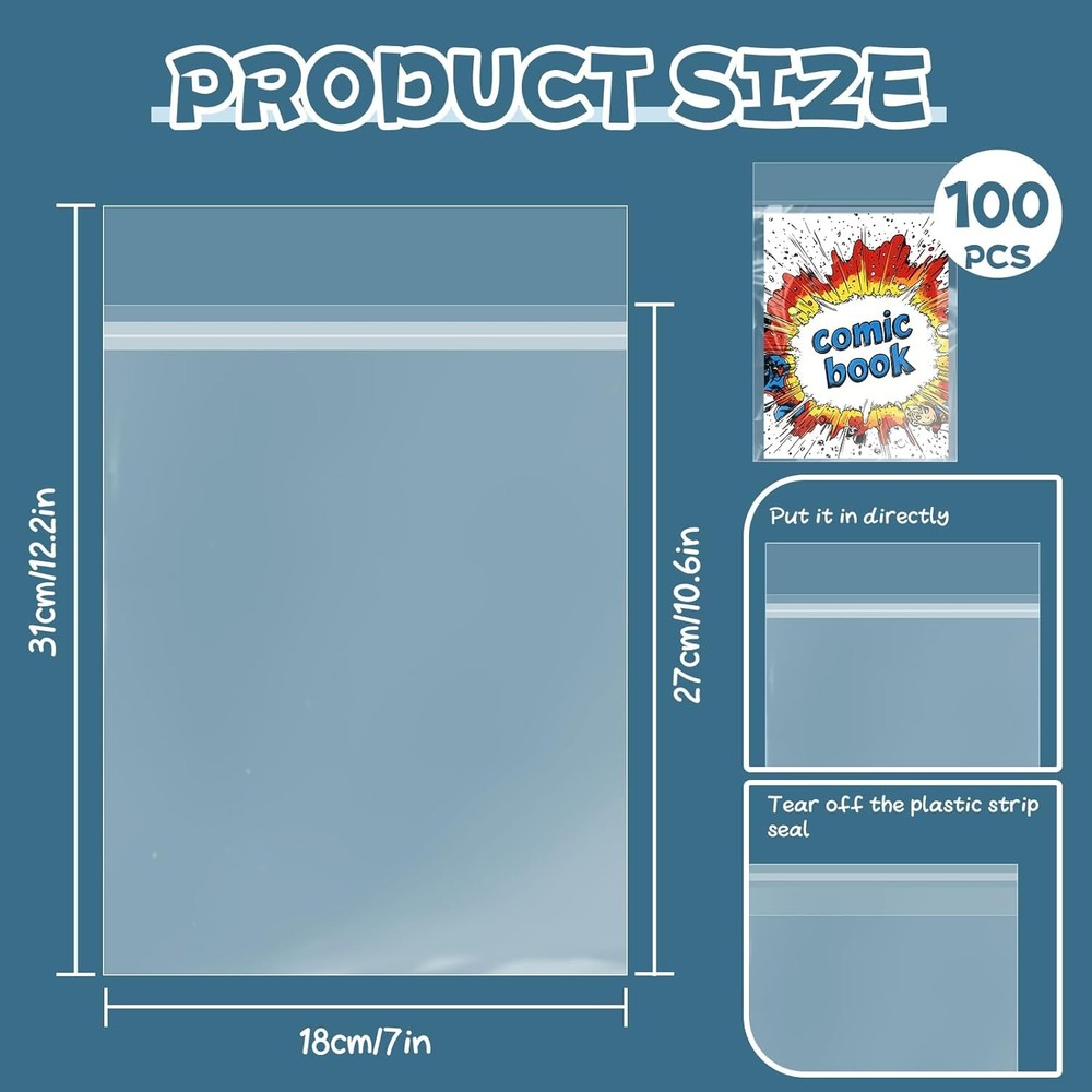 100 Pack Resealable Current Size Comic Book Bags, Crystal Clear Self Sealing Com
