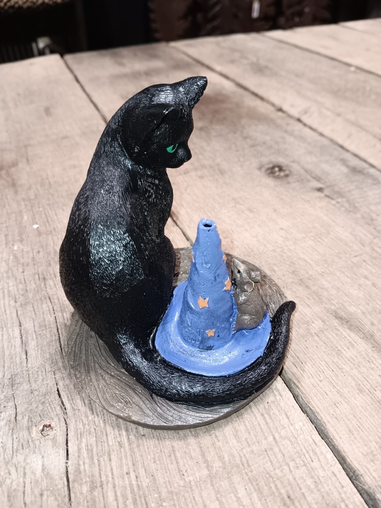 Black Cat Wizard Hat Stick Incense Holder With Mouse, Resin
