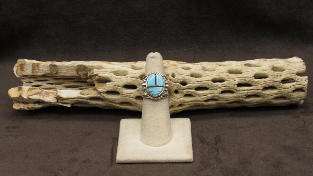 *Sterling Silver, Turquoise, Jet and Lab Created Opal Inlay Ring Size 5.75