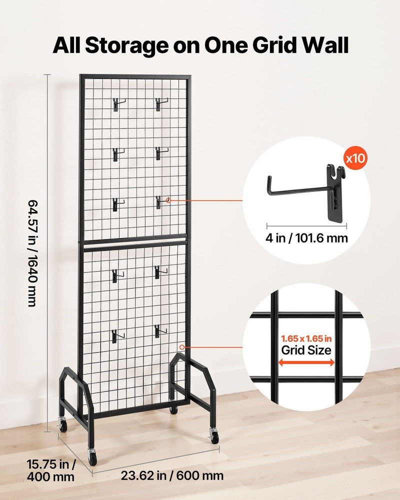 1.9x5.4 ft Grid Wall Panel Movable with Wheels 10 Hooks Black Display Storage