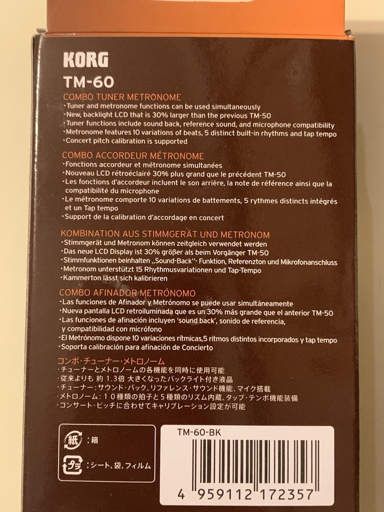 Korg TM60BK Combo Tuner Metronome Black Multi-Instrument New Opened Box