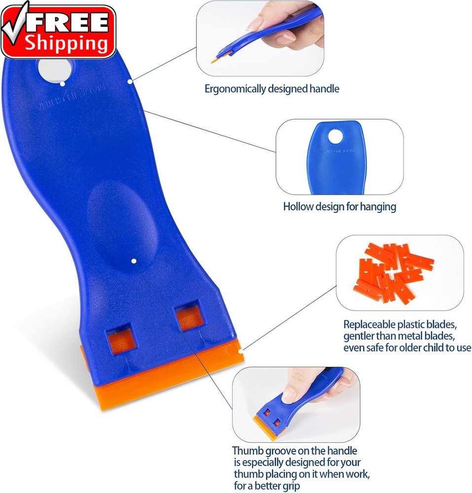 Plastic Razor Blade Scraper Tool, 6 Pcs Razor Scraper with 60 Pcs Plastic Blades