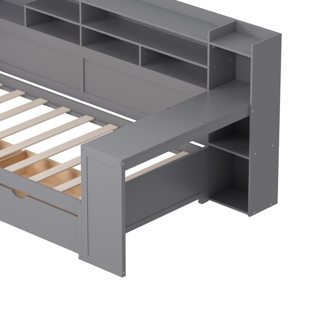 Twin Daybed w/ Storage & Desk, Wood Frame, Gray - Space Saving Design