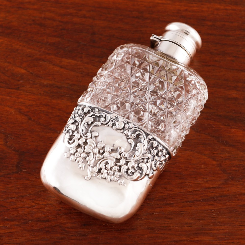 UNGER VICTORIAN STERLING SILVER FLASK W/ REMOVABLE CUP SCROLLWORK 1872-1914