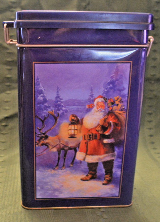 Christmas  Rectangular Tin Wire Bail Lid Santa w/Reindeer, Bag, Lantern