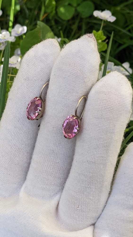 Vintage Soviet 875 Silver Earrings with Pink Ruby Tone Stones