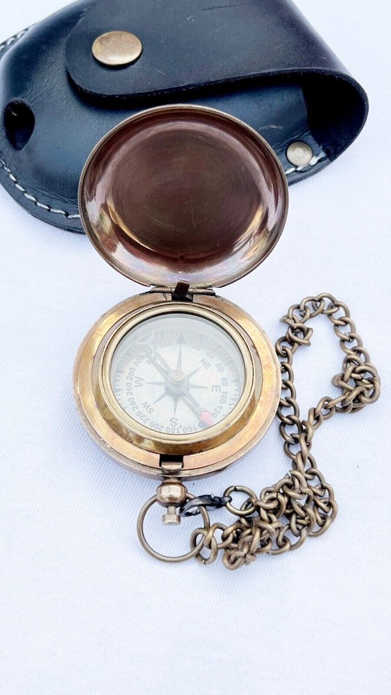 Antique Push Button Compass Brass Pocket Camping Compass With Leather Box
