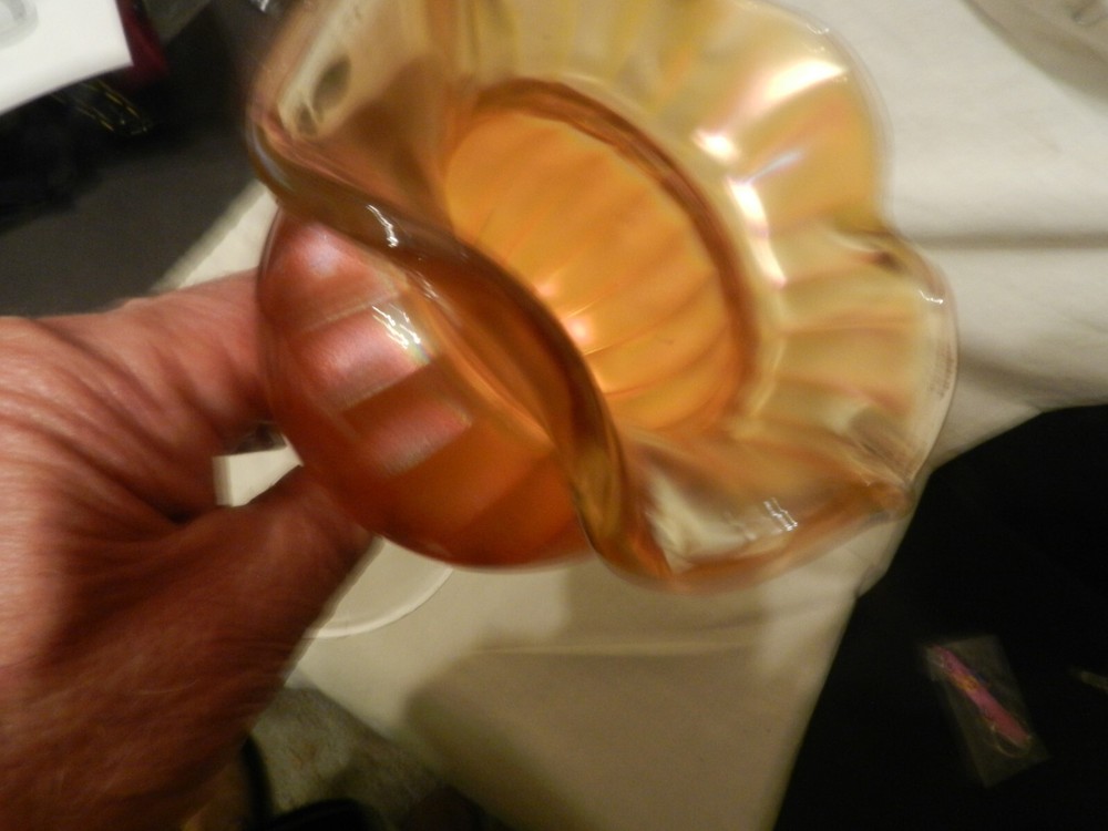 carnival glass vase or compote smooth rib marigold