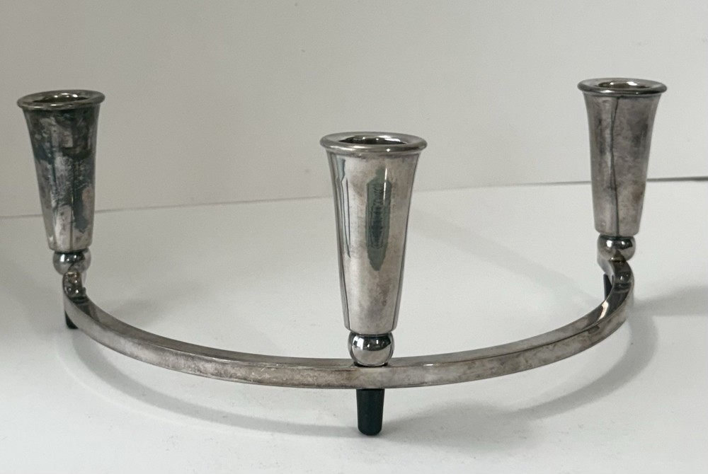 Vintage Mid-Century Modern Silverplate & Bakelite Half Circle Candelabra 2pc Set