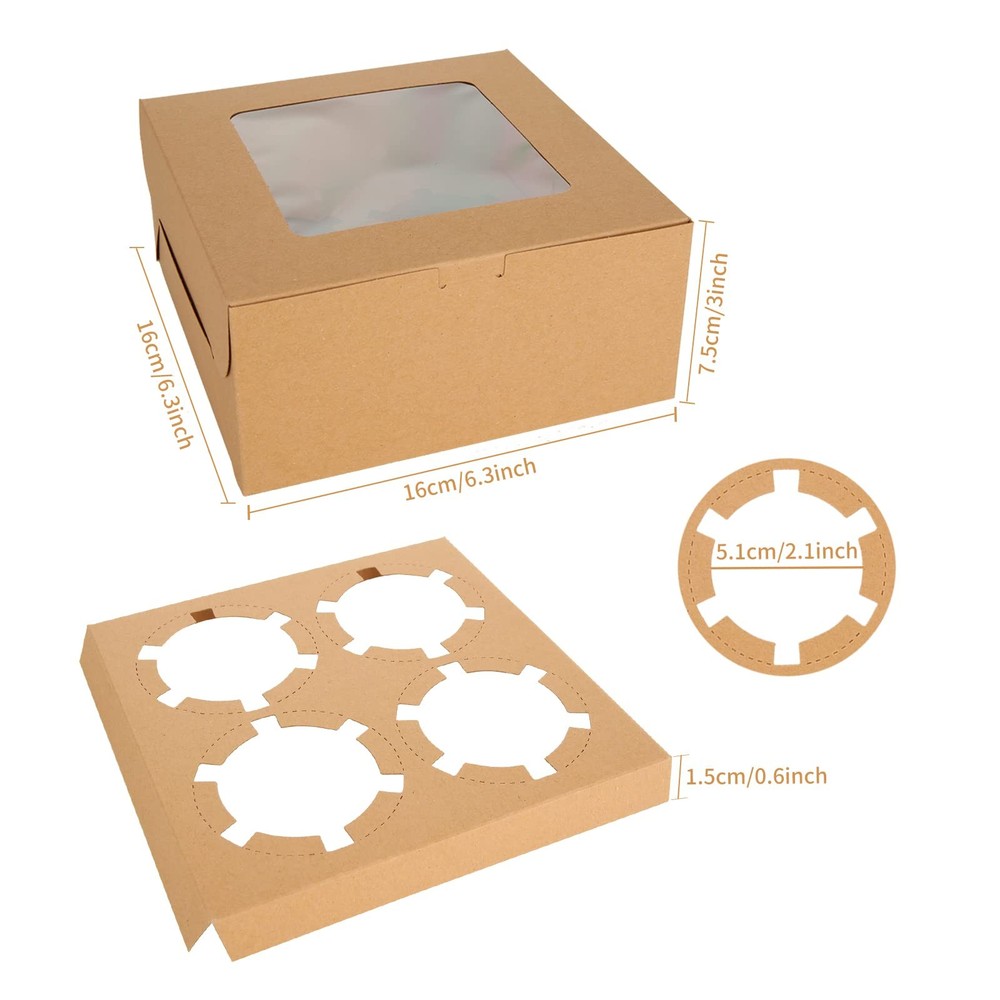 6x6x3 Inch Brown Cupcake Boxes 4 Count Bulk Pastry Containers 100 PCS
