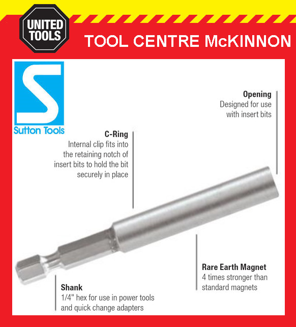 SUTTON TOOLS ¼” HEX  75mm RARE EARTH MAGNETIC BIT HOLDER WITH LOCKING C-RING