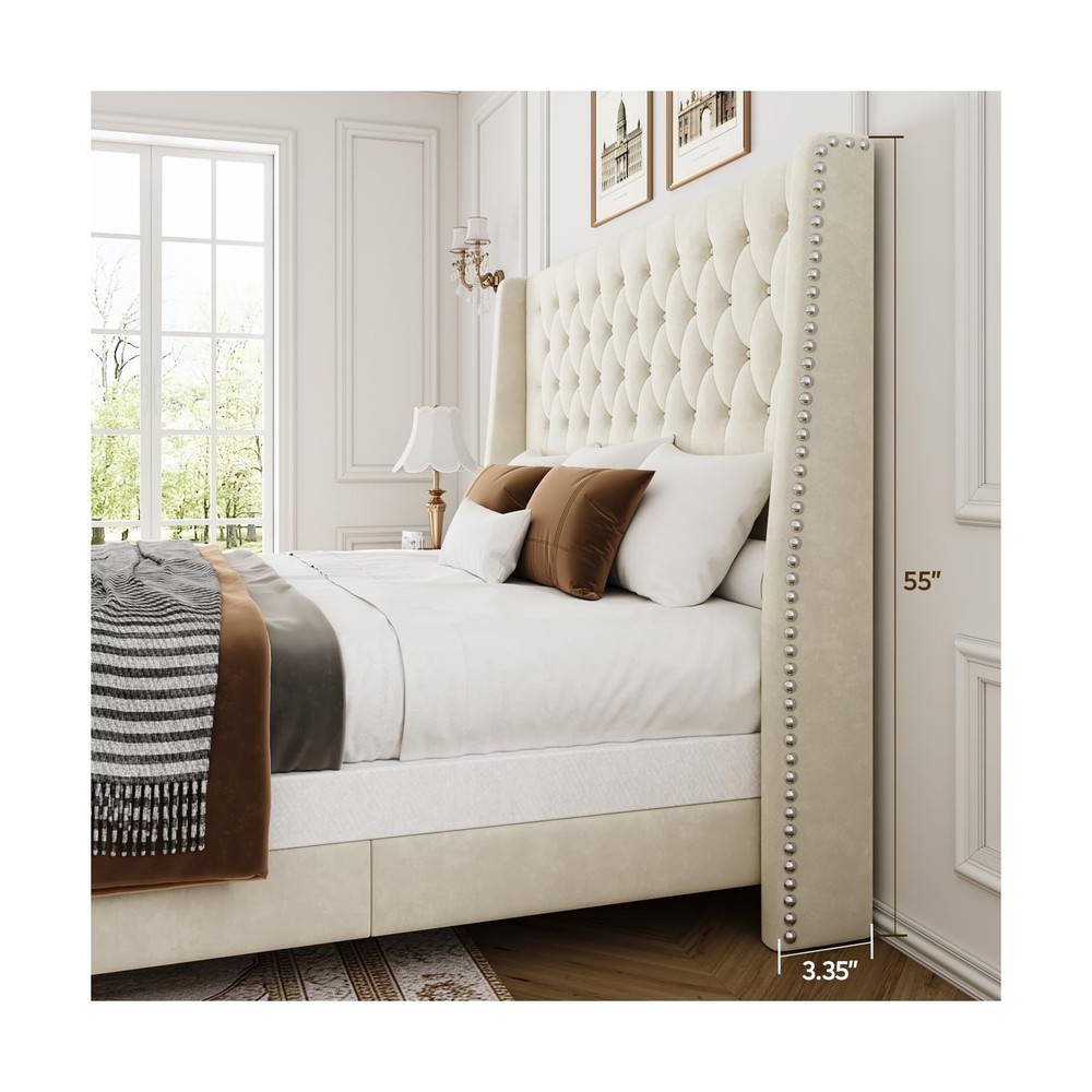 Queen Bed Frame with 55" Tall Headboard, Upholstered Bed Frames, Soft Fabric,...
