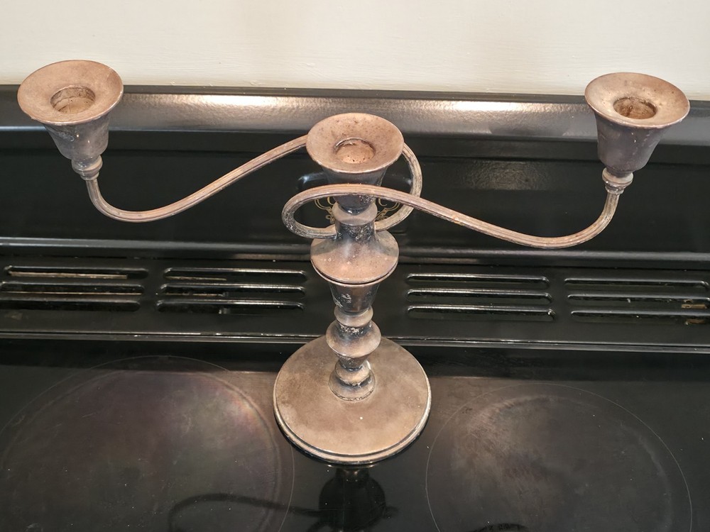 Vintage Silver Plated 3 Arm Candelabra Candlestick Rustic Patina