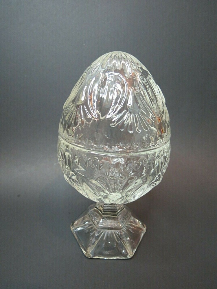 Egg Shaped Clear Pressed Glass Trinket Candy Dish. Egg Pedestal Stand.