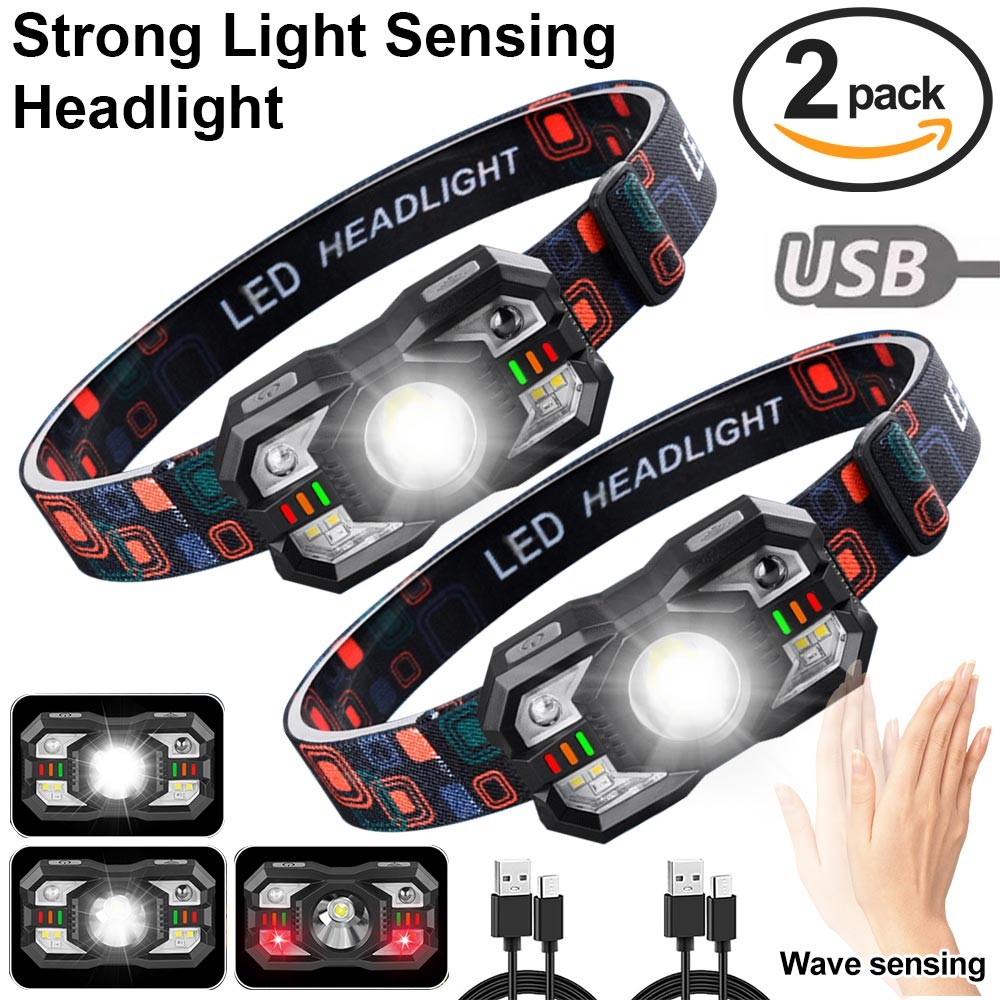 2X Strong Camping Light LED Headlamp USB Rechargeable Wave Sensor Head Torch