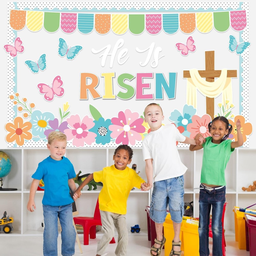 Easter Christian Bulletin Board Classroom Decor He is Risen Religious Spring ...