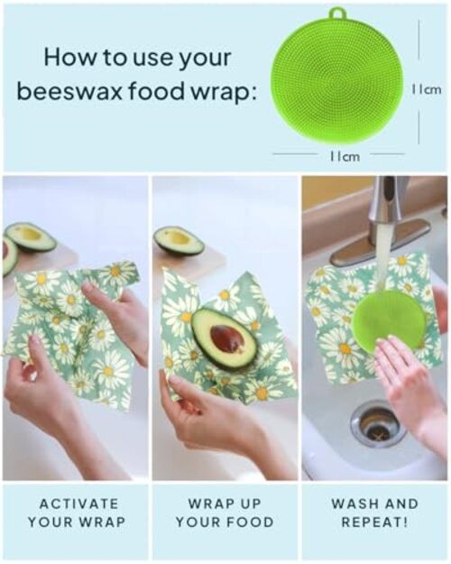 Beeswax Wraps for food 3-Pack, bee wraps reusable with Multi-function brush,