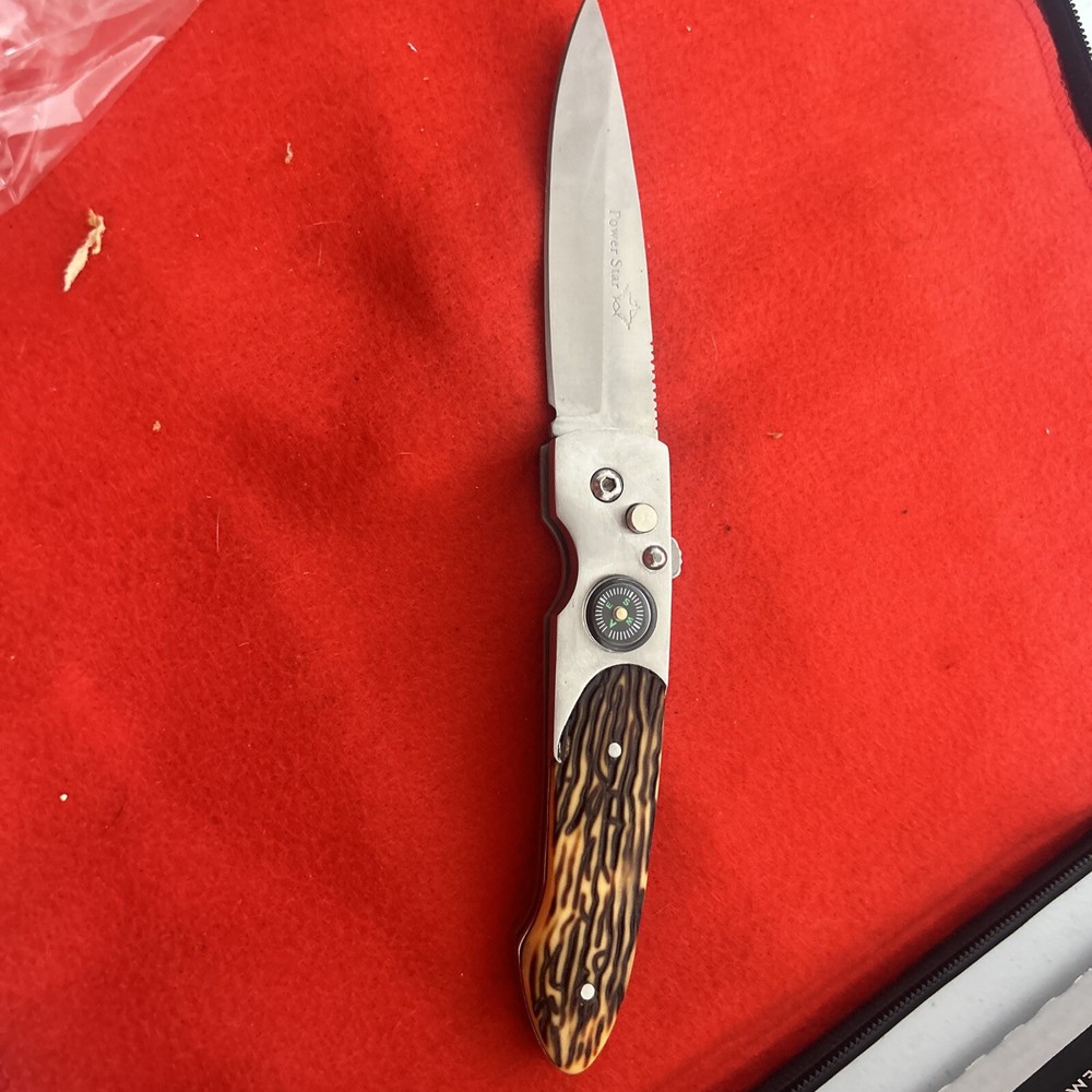 Vintage Power Star Folding Lockback Knife with Compass on handle