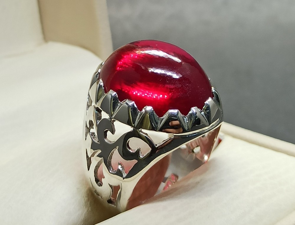 Cabochon Deep Red Ruby Men’s Ring 925 Sterling Silver Handmade Yakoot Rubin