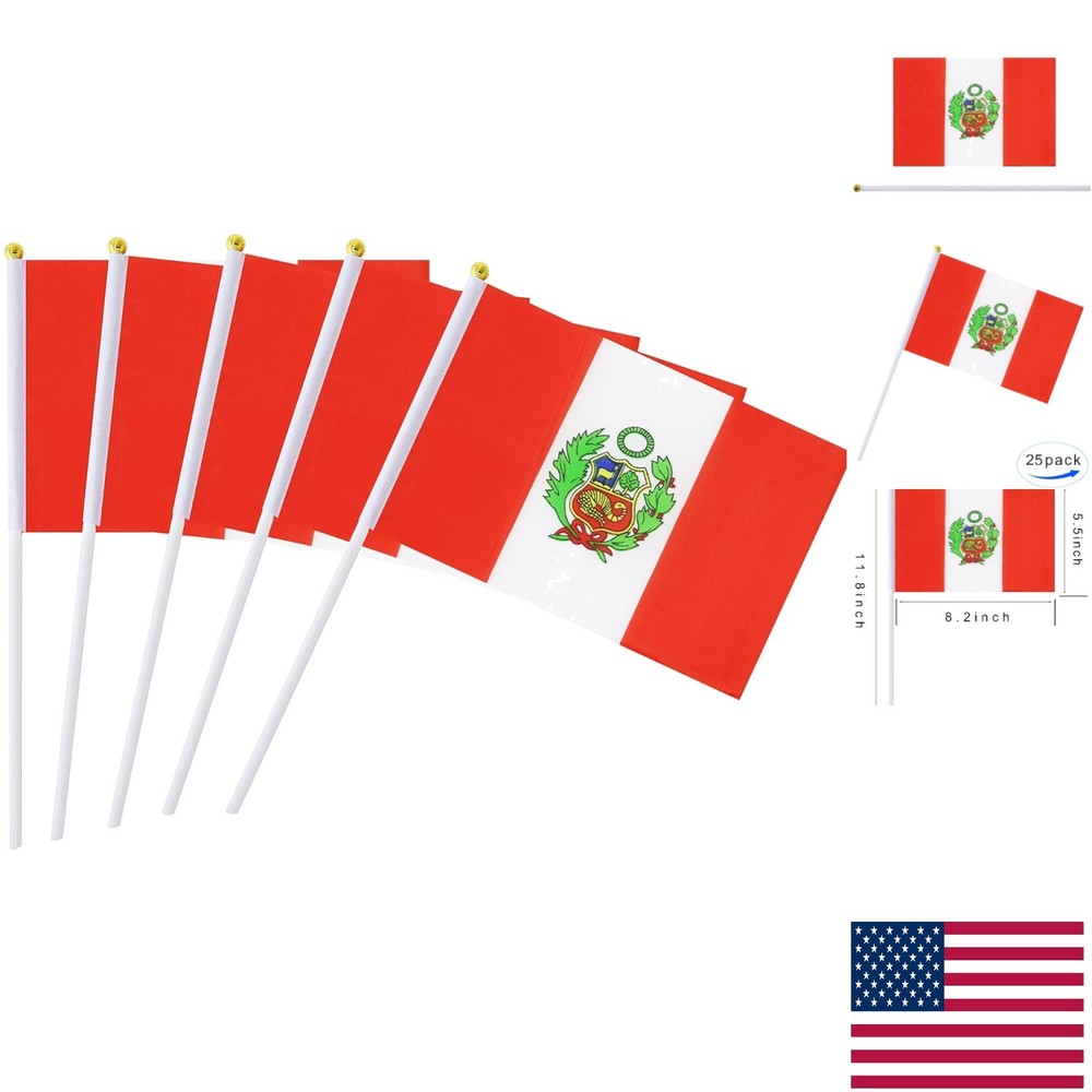Durable 25 Pack Peru Mini Stick Flags - Perfect for Festivals & Sports Events