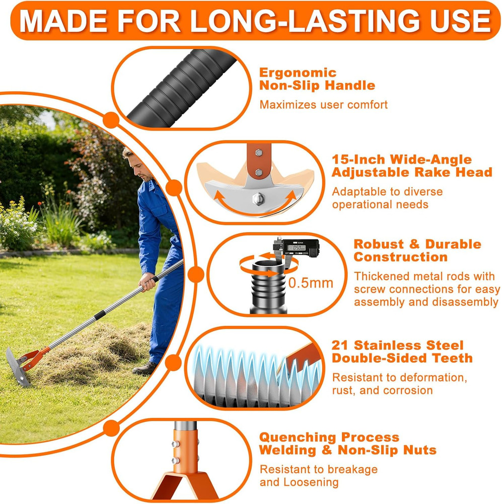Adjustable 68" Thatch Rake with Dual-Action Tines for Lawn Dethatching