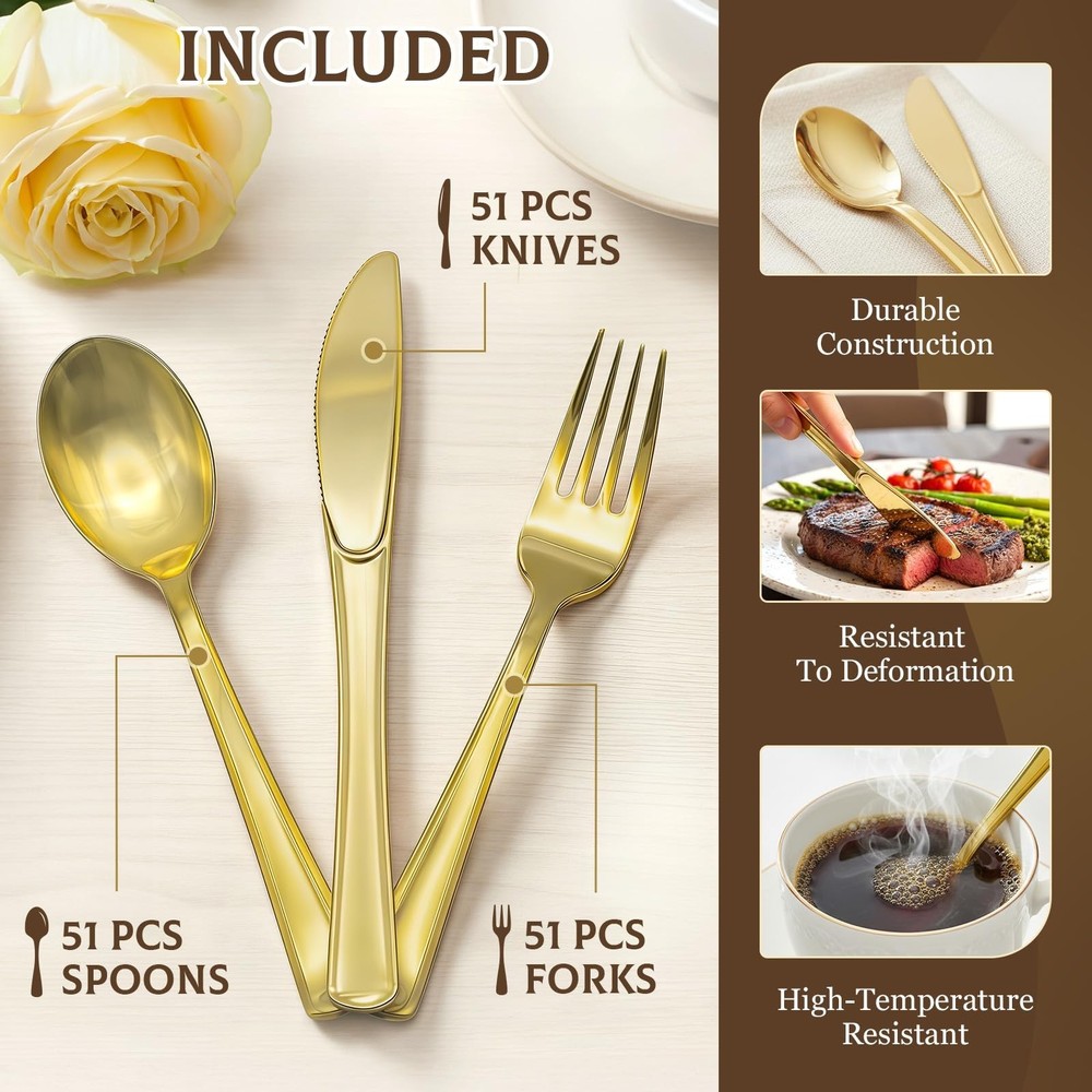 153 Pack Gold Plastic Silverware - Heavy Duty Gold Silverware Set - 51 Forks,...