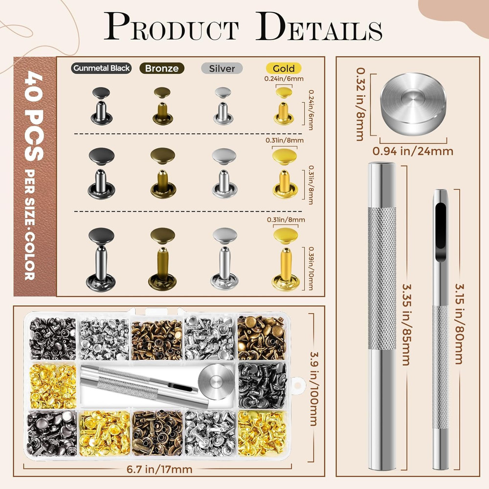 480 Pack Leather Rivets, Brass Rivets for Fabric, Leather Rivet Kit, Double Cap