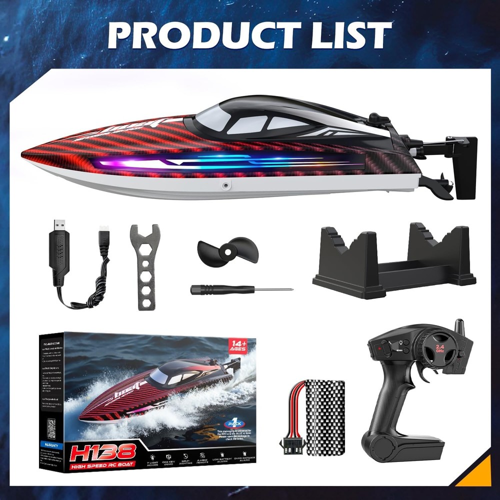 RC Boat 30KMH with 7Light Modes,Remote Control Electric Fast Speed Red
