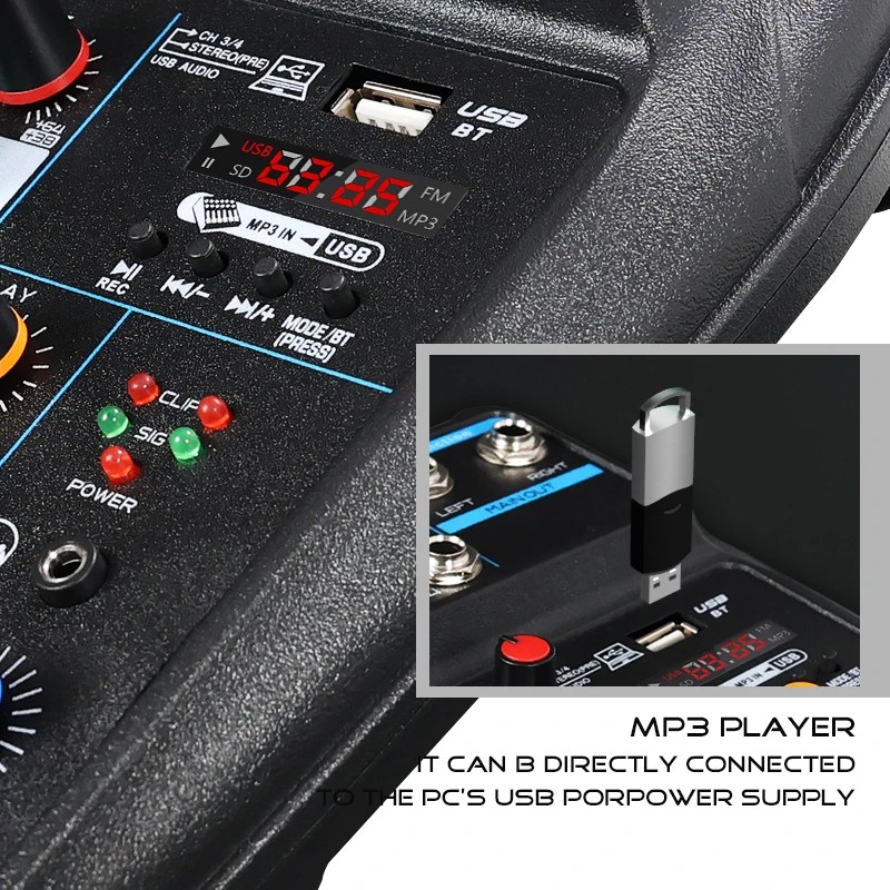 4-Channel DJ Mixer with Bluetooth, 48V Phantom Power & USB Connectivity