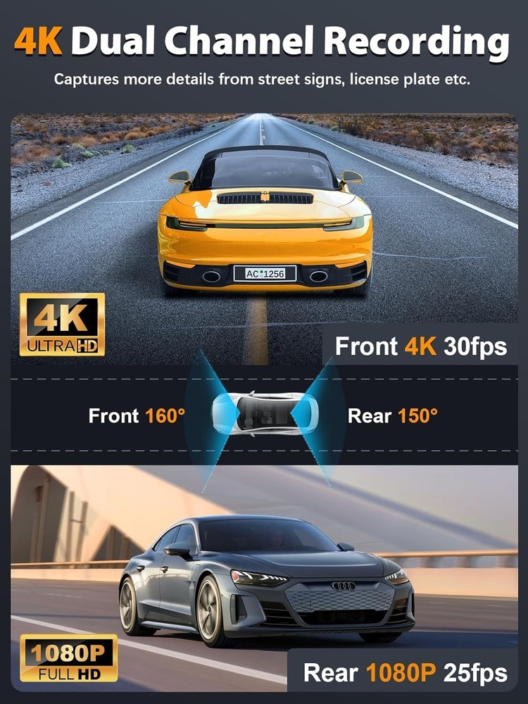 Compact Dual Dash Cam with 4K Front & 1080P Rear – Easy Install & Night Vision