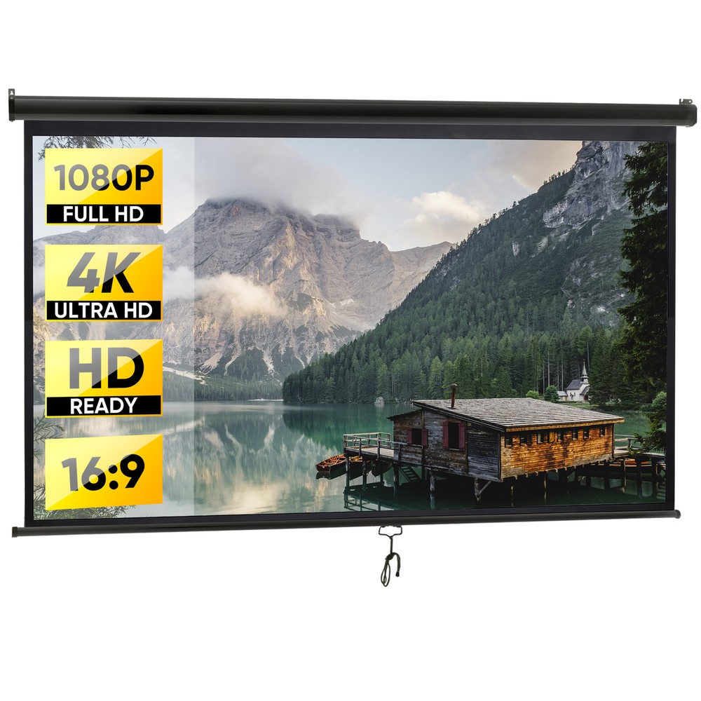 Projector Screen Pull Down 100" 16:9 HD Projection Screen Indoor Outdoor Black