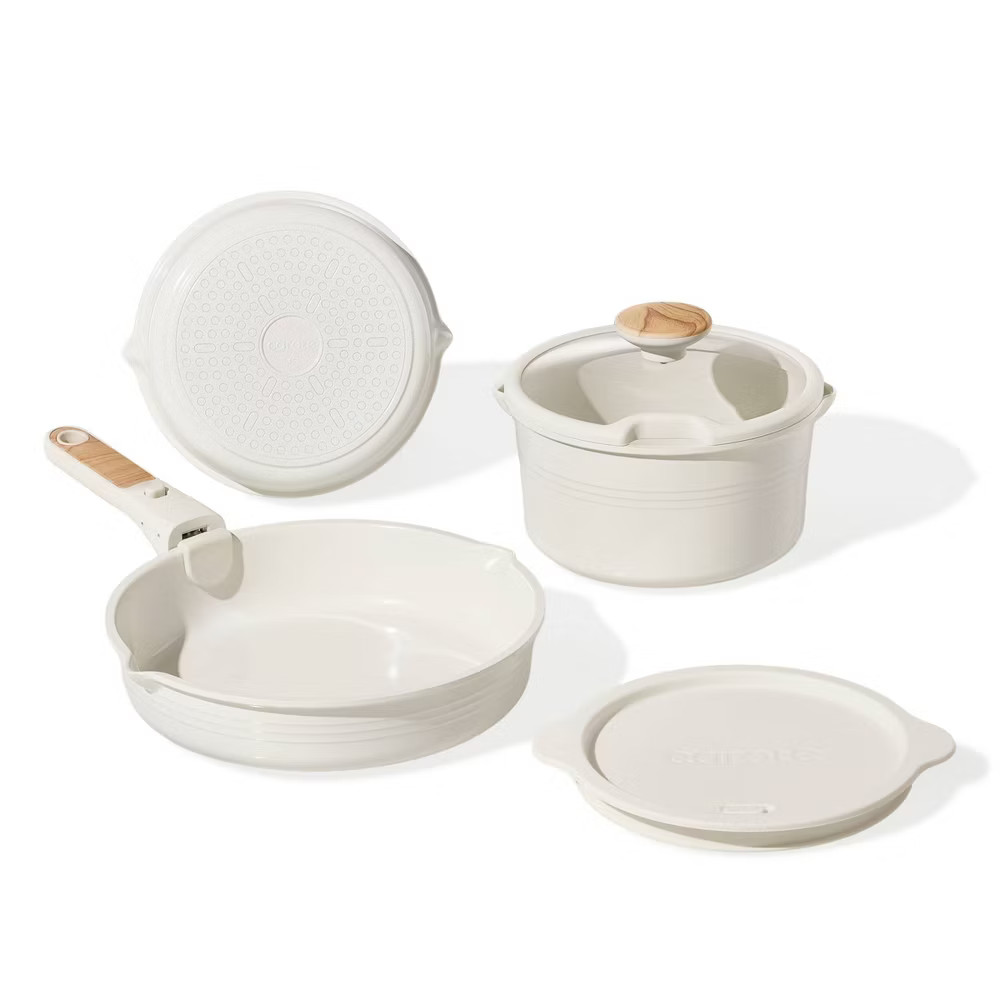 Carote 10pc Ceramic Nonstick Cookware Set with Detachable Handle Cream