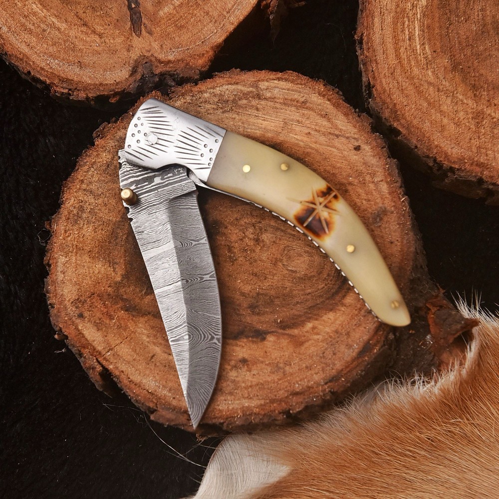 Custom Made Folding Blade Pocket Knife Camel Bone Handle