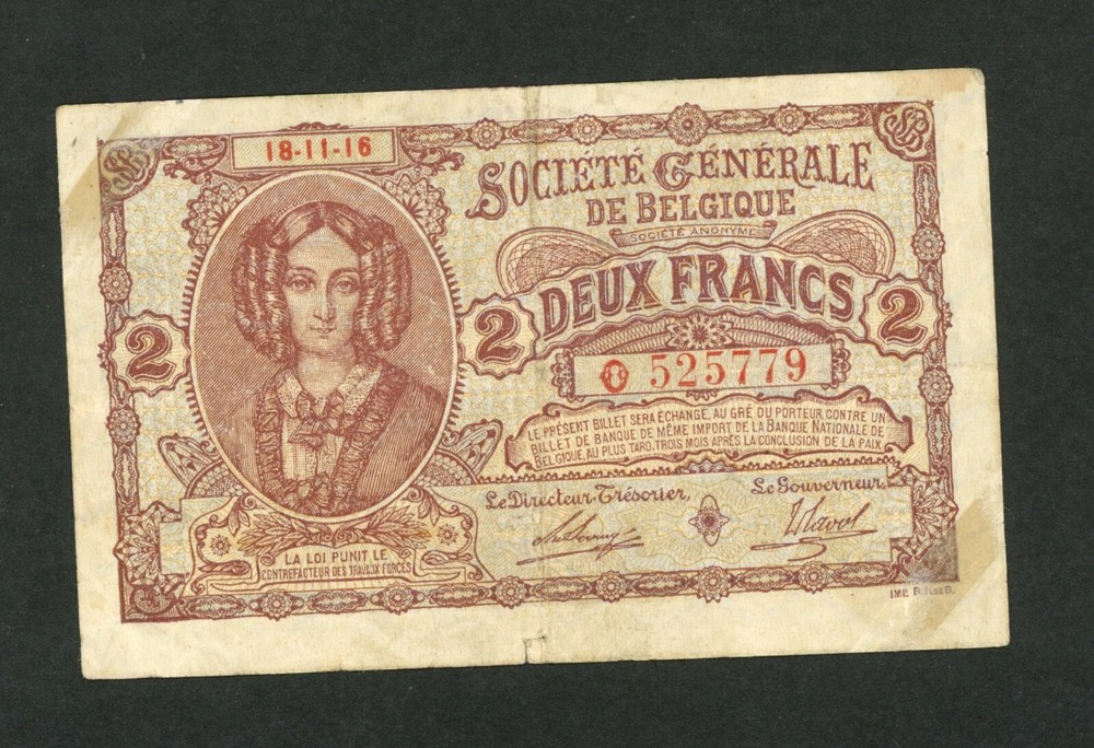 BELGIUM 2 FRANCS 1918 PICK # 87 FINE+.