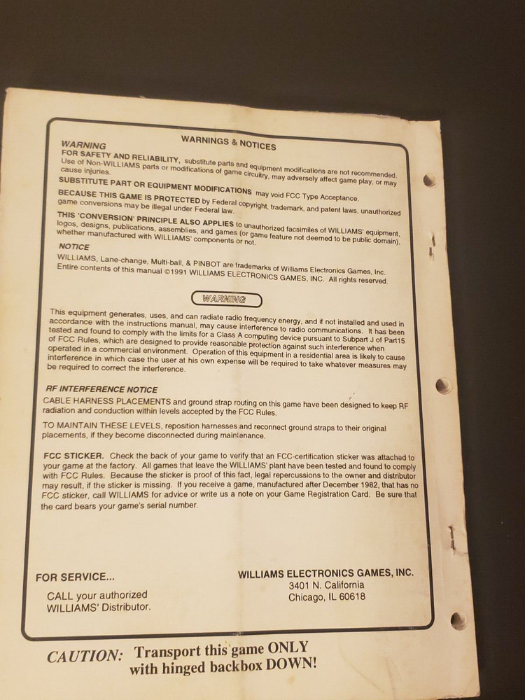 Original 1991 THE MACHINE WILLIAMS Arcade Game Operations Manual & Schematics